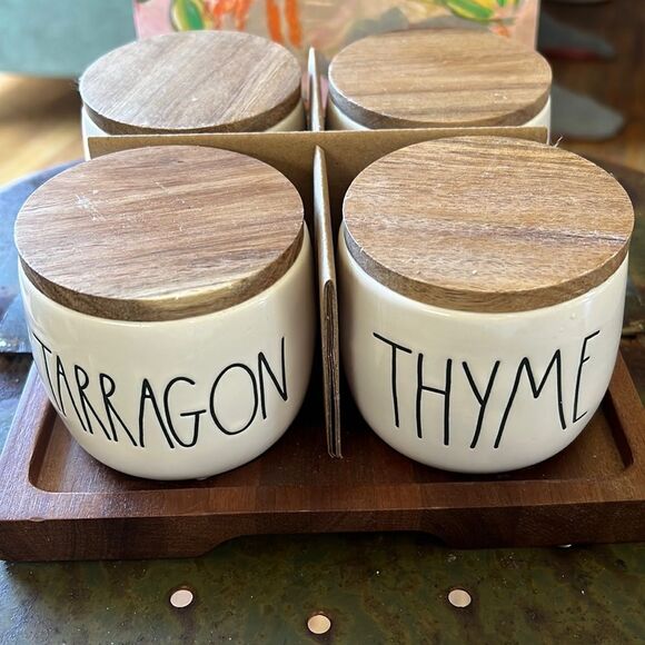 Rae Dunn Cermic Bowl Set with Wooden Lids & Tray - Picture 1 of 9